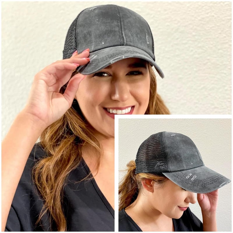 ProMindFun Womens Washed Distressed Cotton Baseball Caps High Messy Bun Ponytail Unconstructed Dad Hats Girls Sun Hat (02-Black) - Image 5